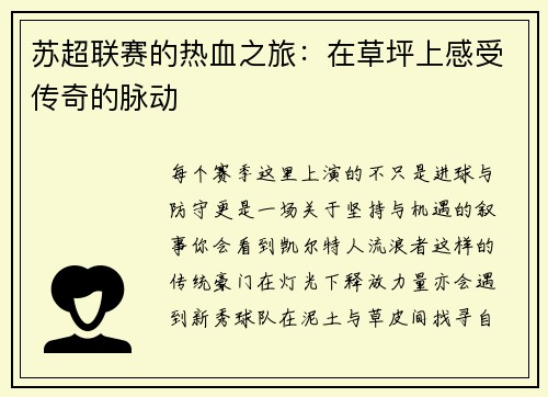 苏超联赛的热血之旅:在草坪上感受传奇的脉动